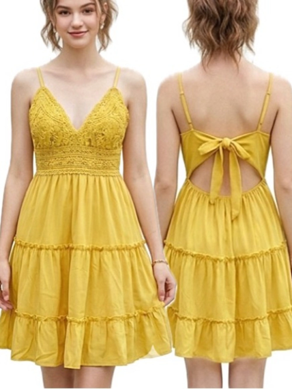Ecowish Yellow Lace Embroidered Babydoll Sundress Size S Tie Back Tiered Ruffle